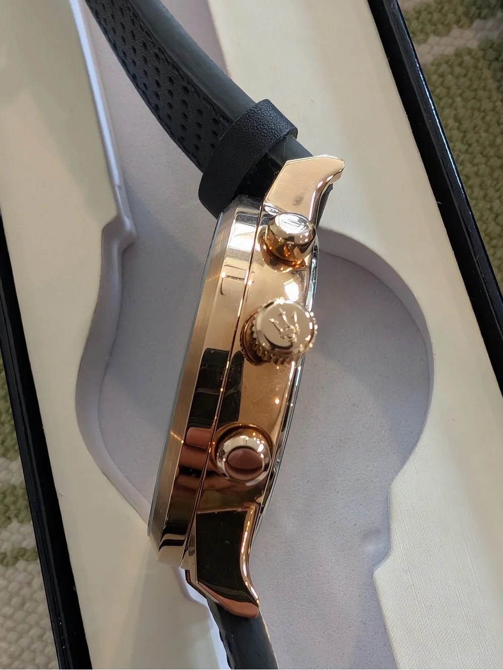 Black Strap Rose Gold Case Chronograph Watch